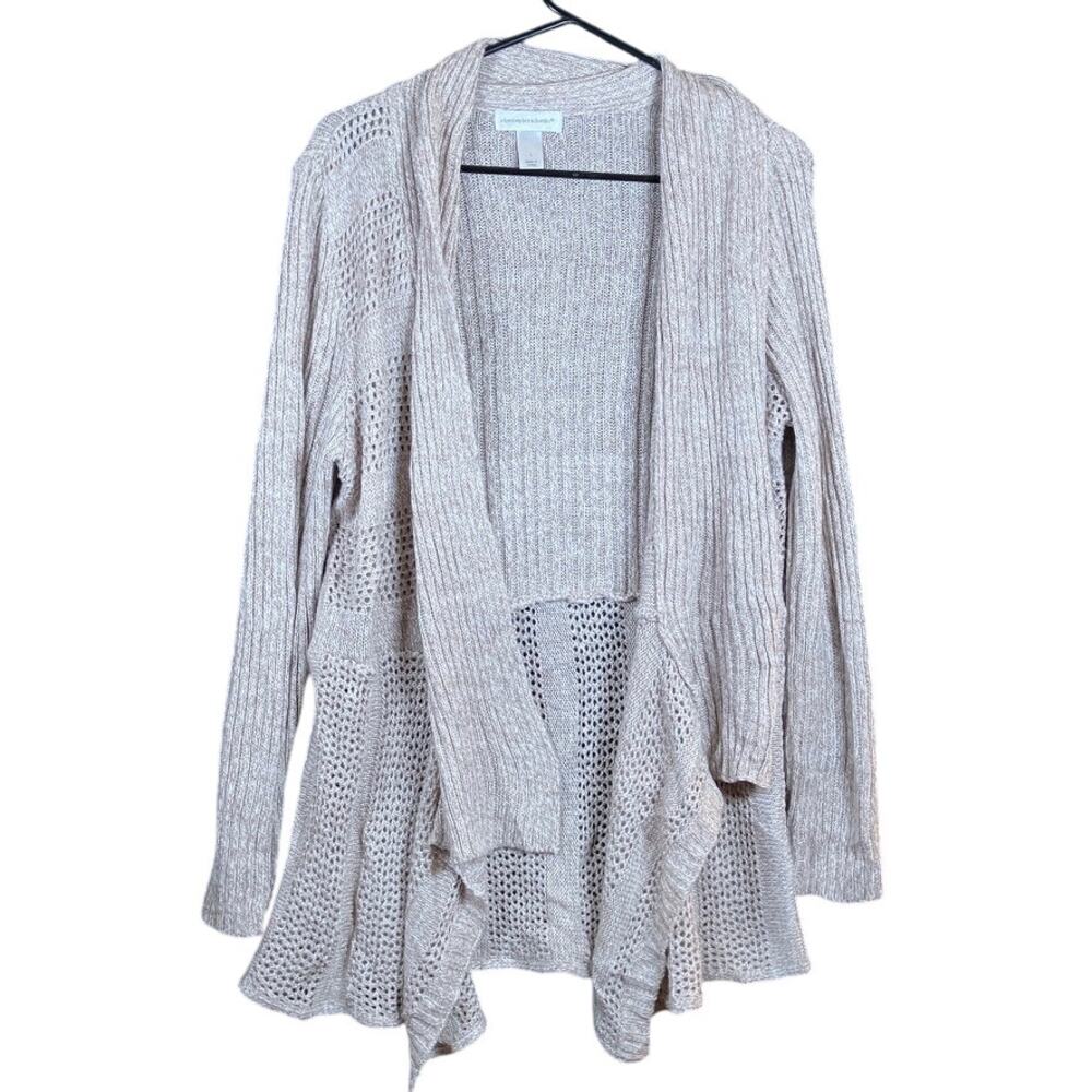 Christopher & Banks Womens Sweater Brown Cream Cardigan Waterfall Chunky Knit L